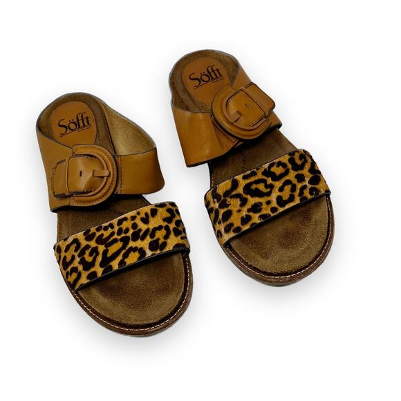 Sofft Braye Leopard Printed Horse Hair Slide Sandals 7.5 M Luggage Tan Leather - Picture 4 of 12